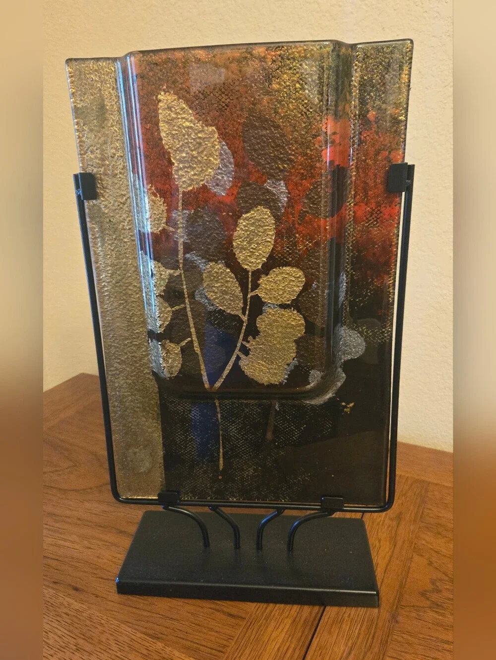 Decorative Fused Art Glass Vase With Metal Frame.gold And Earth Tones